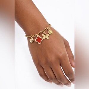 MINT Red CZ Clover Butterfly Heart Flower Goldtone Dangle Charm Bracelet 8" NEW